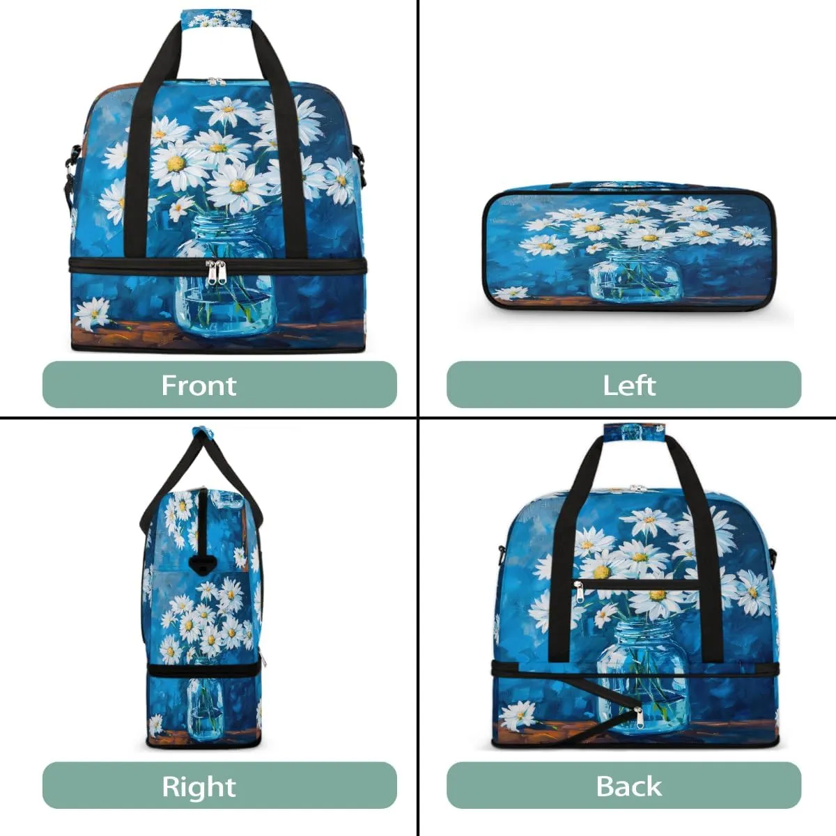 Sports Gym Bag Blue Oil Painting Flower Large Travel Duffel Bag With Shoe Compartment Foldable Waterproof Carry-On Weekend Travel Bags for Camping Overnight Yoga Hospital Travel Bags