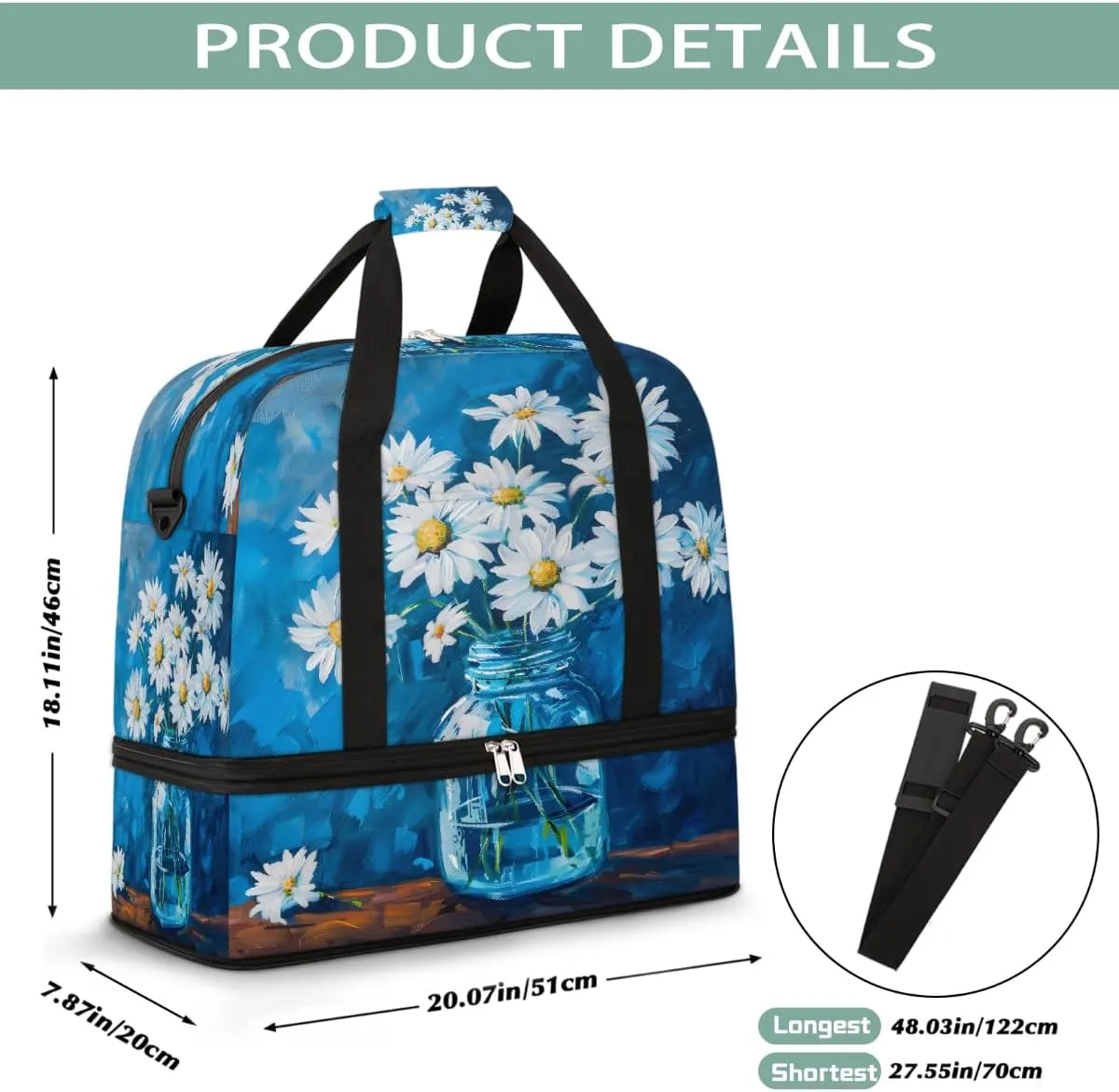 Sports Gym Bag Blue Oil Painting Flower Large Travel Duffel Bag With Shoe Compartment Foldable Waterproof Carry-On Weekend Travel Bags for Camping Overnight Yoga Hospital Travel Bags