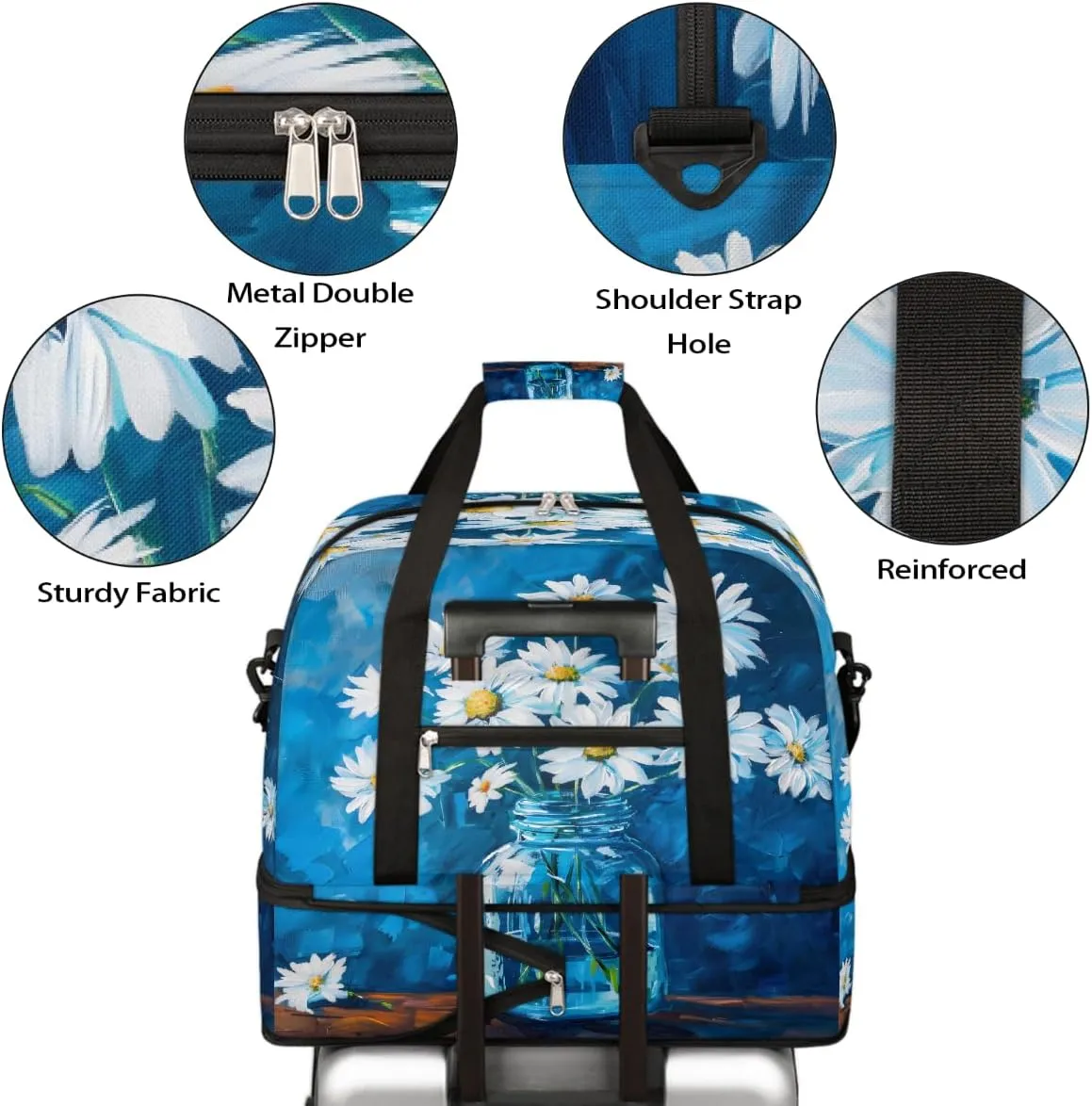Sports Gym Bag Blue Oil Painting Flower Large Travel Duffel Bag With Shoe Compartment Foldable Waterproof Carry-On Weekend Travel Bags for Camping Overnight Yoga Hospital Travel Bags