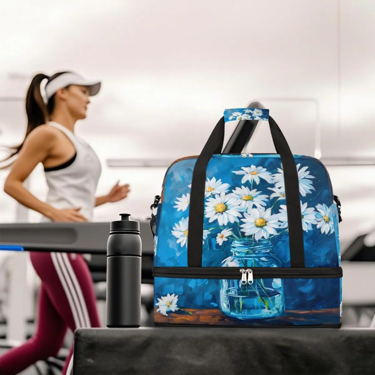 Sports Gym Bag Blue Oil Painting Flower Large Travel Duffel Bag With Shoe Compartment Foldable Waterproof Carry-On Weekend Travel Bags for Camping Overnight Yoga Hospital Travel Bags