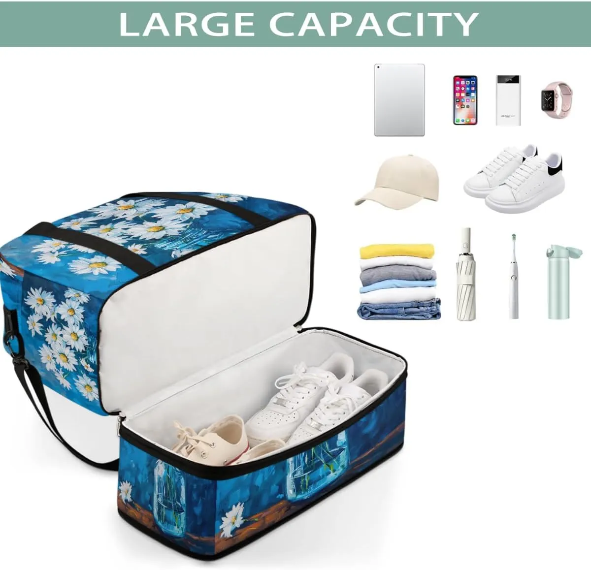 Sports Gym Bag Blue Oil Painting Flower Large Travel Duffel Bag With Shoe Compartment Foldable Waterproof Carry-On Weekend Travel Bags for Camping Overnight Yoga Hospital Travel Bags