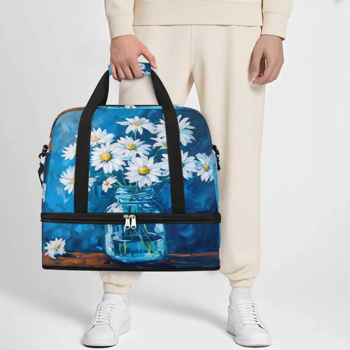 Sports Gym Bag Blue Oil Painting Flower Large Travel Duffel Bag With Shoe Compartment Foldable Waterproof Carry-On Weekend Travel Bags for Camping Overnight Yoga Hospital Travel Bags