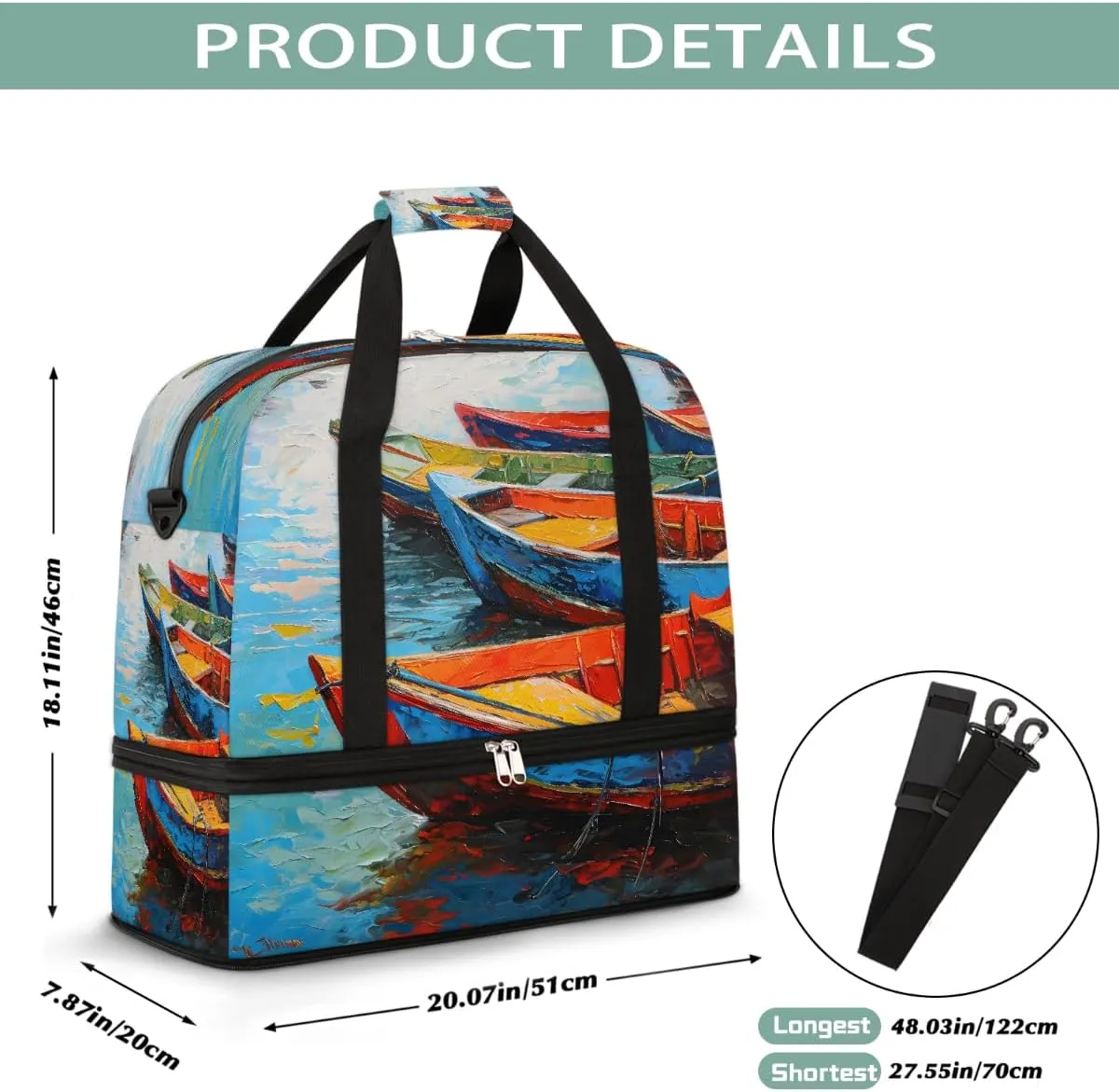 Sports Gym Bag Boat Oil Painting Landscape Large Travel Duffel Bag With Shoe Compartment Foldable Waterproof Carry-On Weekend Travel Bags for Camping Overnight Yoga Hospital Travel Bags