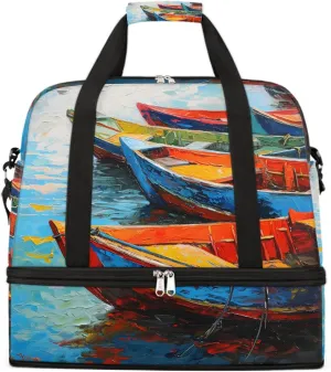 Sports Gym Bag Boat Oil Painting Landscape Large Travel Duffel Bag With Shoe Compartment Foldable Waterproof Carry-On Weekend Travel Bags for Camping Overnight Yoga Hospital Travel Bags