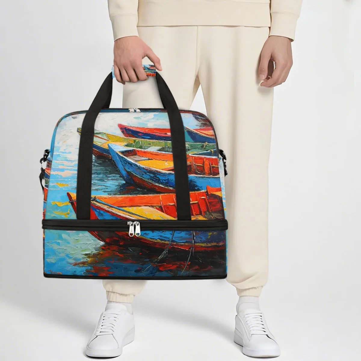 Sports Gym Bag Boat Oil Painting Landscape Large Travel Duffel Bag With Shoe Compartment Foldable Waterproof Carry-On Weekend Travel Bags for Camping Overnight Yoga Hospital Travel Bags