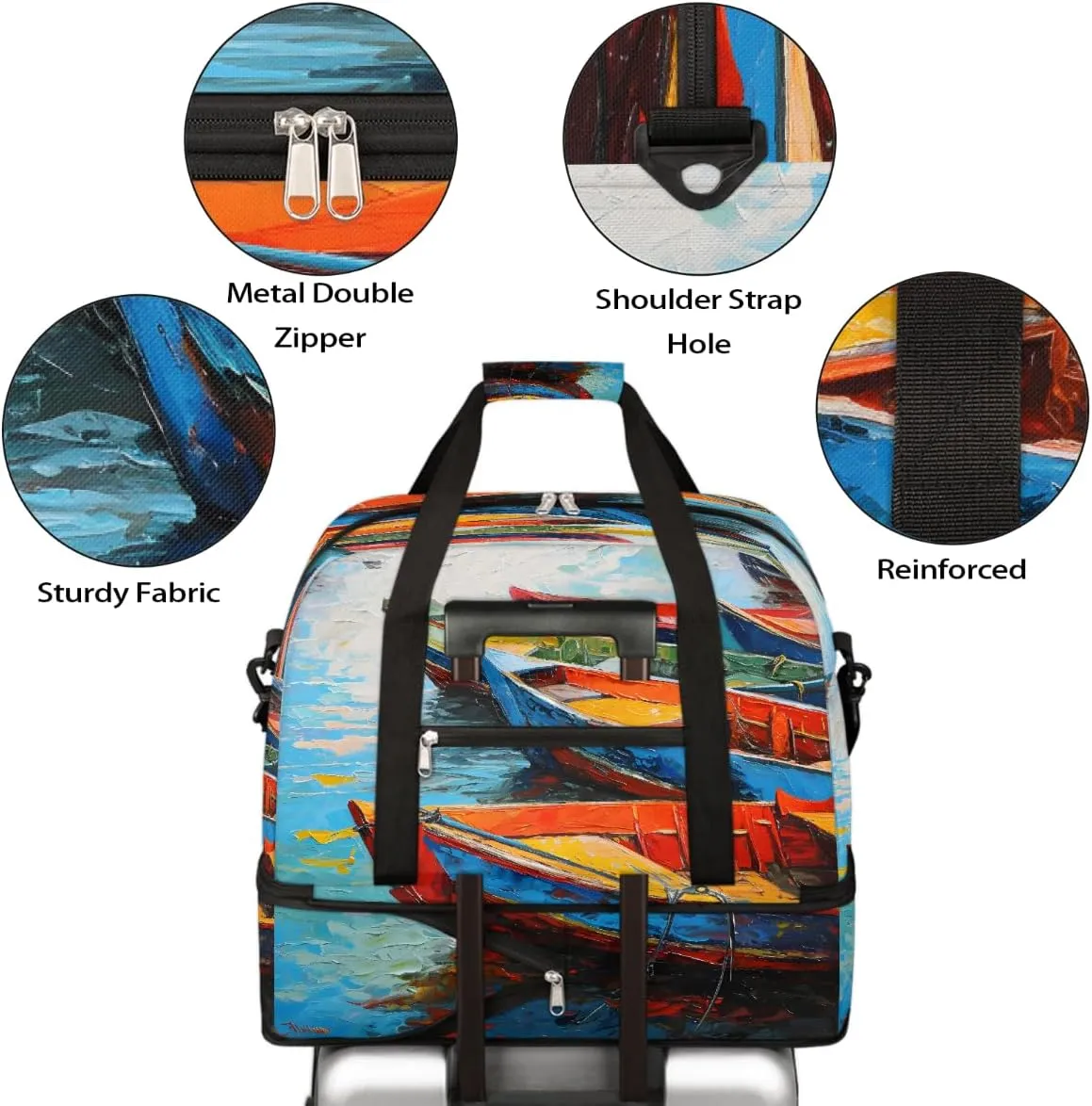 Sports Gym Bag Boat Oil Painting Landscape Large Travel Duffel Bag With Shoe Compartment Foldable Waterproof Carry-On Weekend Travel Bags for Camping Overnight Yoga Hospital Travel Bags