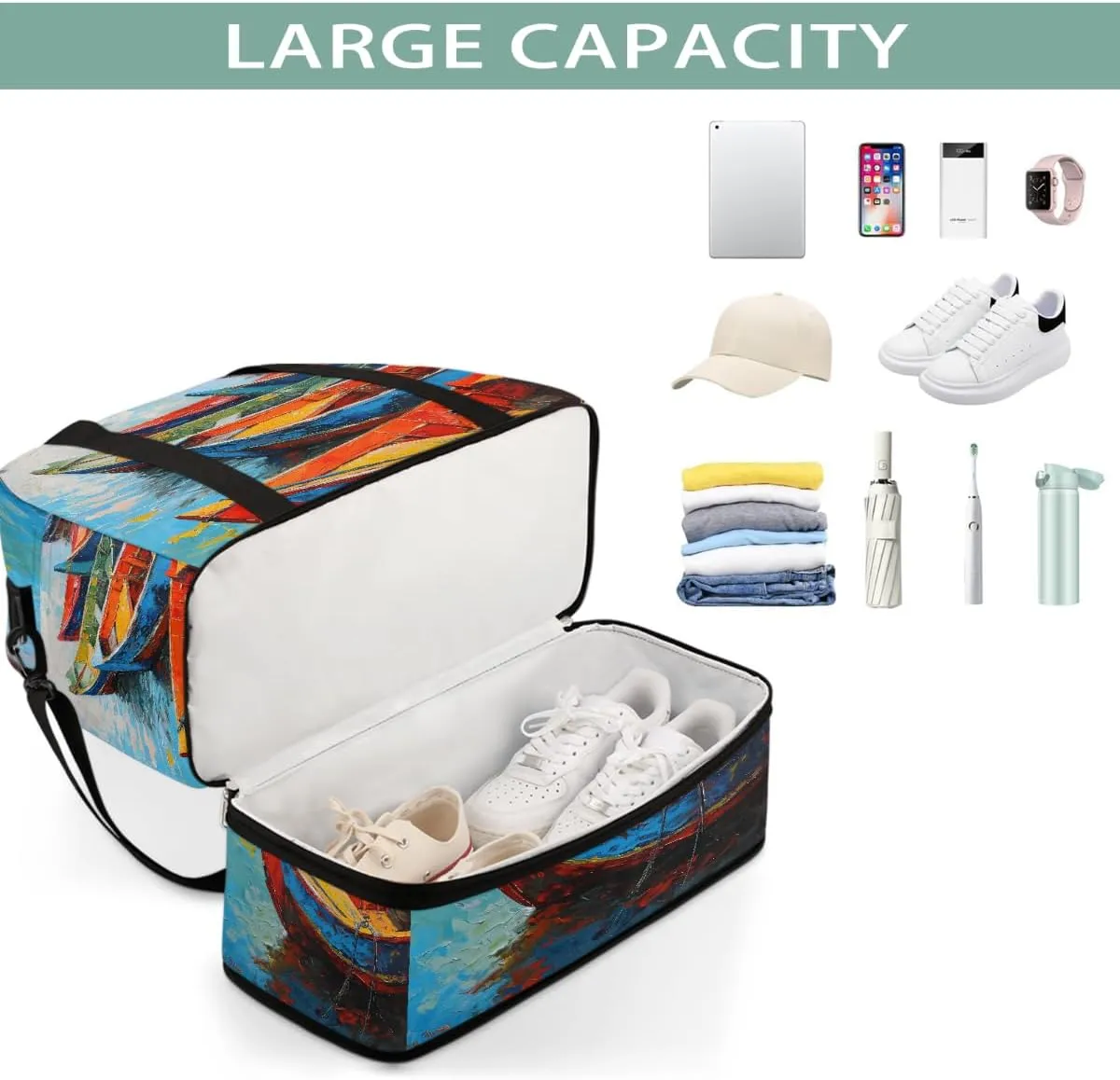 Sports Gym Bag Boat Oil Painting Landscape Large Travel Duffel Bag With Shoe Compartment Foldable Waterproof Carry-On Weekend Travel Bags for Camping Overnight Yoga Hospital Travel Bags