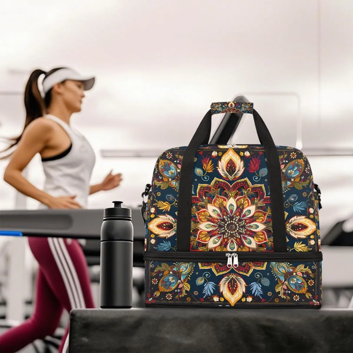 Sports Gym Bag Bohemian Painted Abstract Large Travel Duffel Bag With Shoe Compartment Foldable Waterproof Carry-On Weekend Travel Bags for Camping Overnight Yoga Hospital Travel Bags