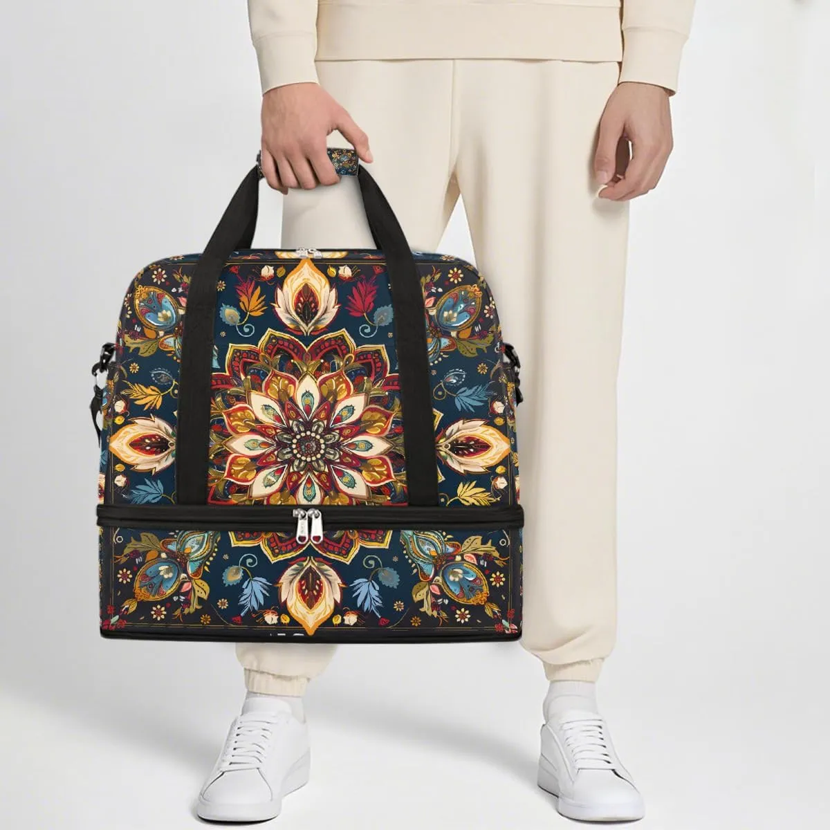 Sports Gym Bag Bohemian Painted Abstract Large Travel Duffel Bag With Shoe Compartment Foldable Waterproof Carry-On Weekend Travel Bags for Camping Overnight Yoga Hospital Travel Bags