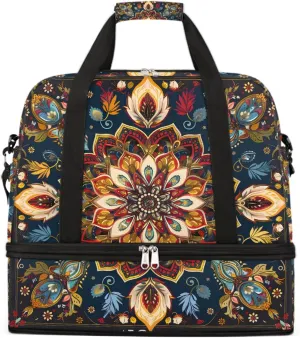 Sports Gym Bag Bohemian Painted Abstract Large Travel Duffel Bag With Shoe Compartment Foldable Waterproof Carry-On Weekend Travel Bags for Camping Overnight Yoga Hospital Travel Bags