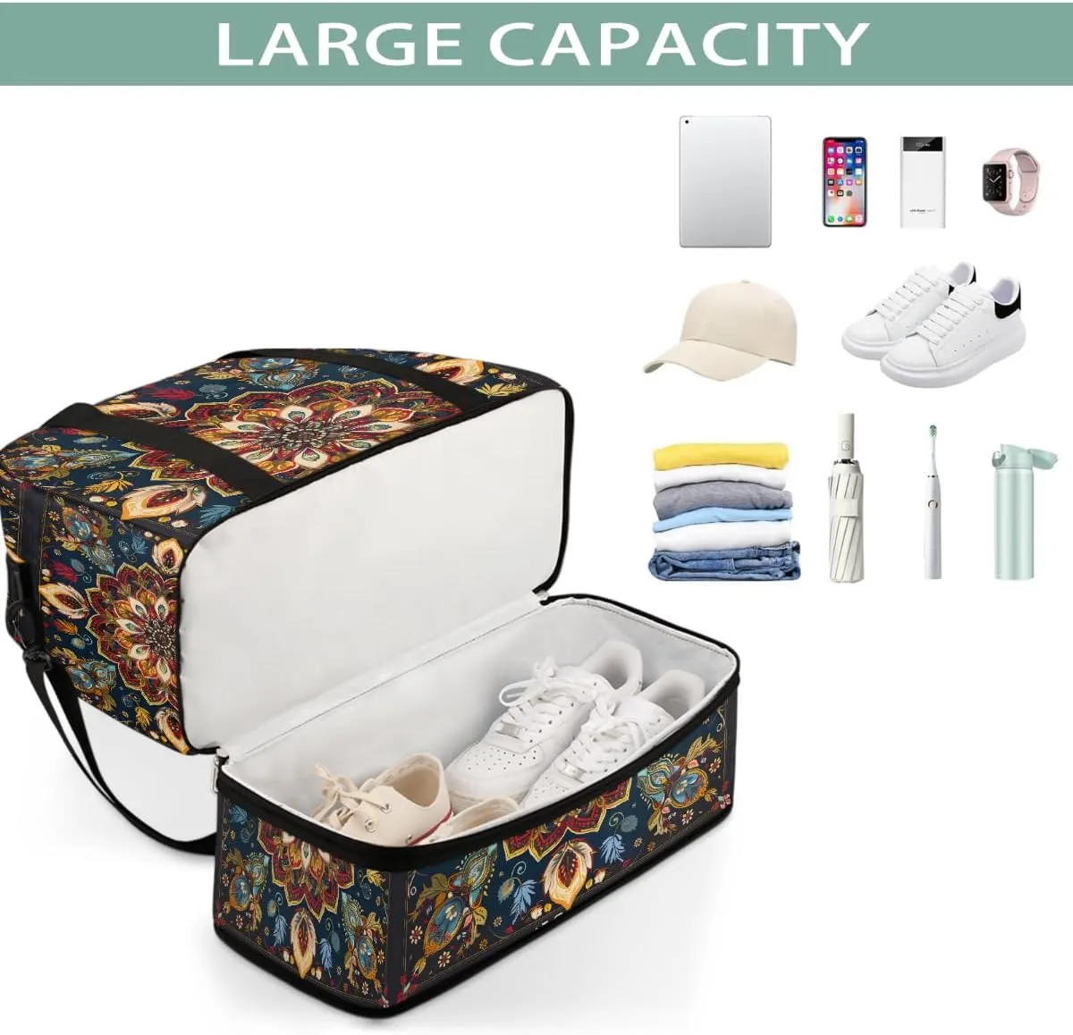 Sports Gym Bag Bohemian Painted Abstract Large Travel Duffel Bag With Shoe Compartment Foldable Waterproof Carry-On Weekend Travel Bags for Camping Overnight Yoga Hospital Travel Bags