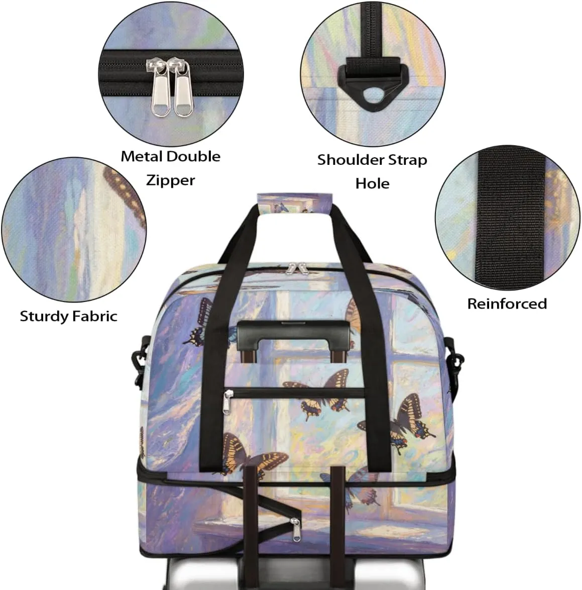 Sports Gym Bag Butterfly Window Sunlight Large Travel Duffel Bag With Shoe Compartment Foldable Waterproof Carry-On Weekend Travel Bags for Camping Overnight Yoga Hospital Travel Bags