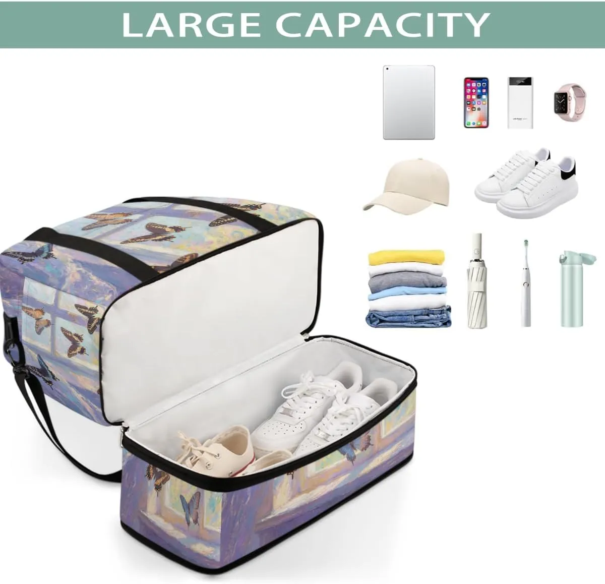 Sports Gym Bag Butterfly Window Sunlight Large Travel Duffel Bag With Shoe Compartment Foldable Waterproof Carry-On Weekend Travel Bags for Camping Overnight Yoga Hospital Travel Bags