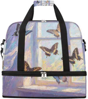 Sports Gym Bag Butterfly Window Sunlight Large Travel Duffel Bag With Shoe Compartment Foldable Waterproof Carry-On Weekend Travel Bags for Camping Overnight Yoga Hospital Travel Bags