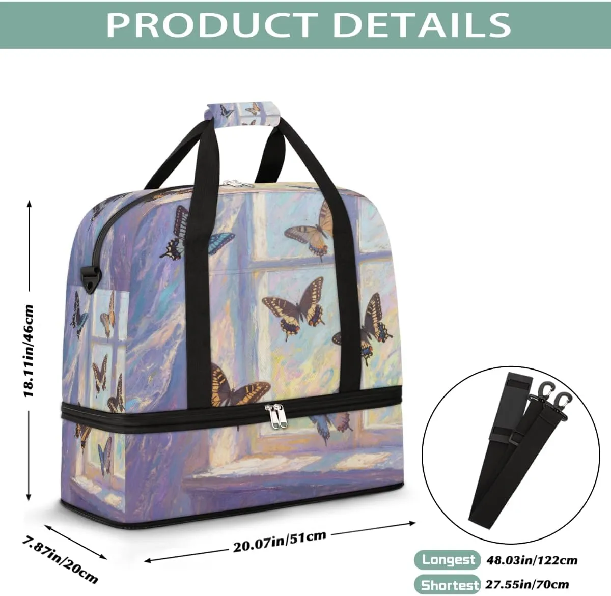 Sports Gym Bag Butterfly Window Sunlight Large Travel Duffel Bag With Shoe Compartment Foldable Waterproof Carry-On Weekend Travel Bags for Camping Overnight Yoga Hospital Travel Bags