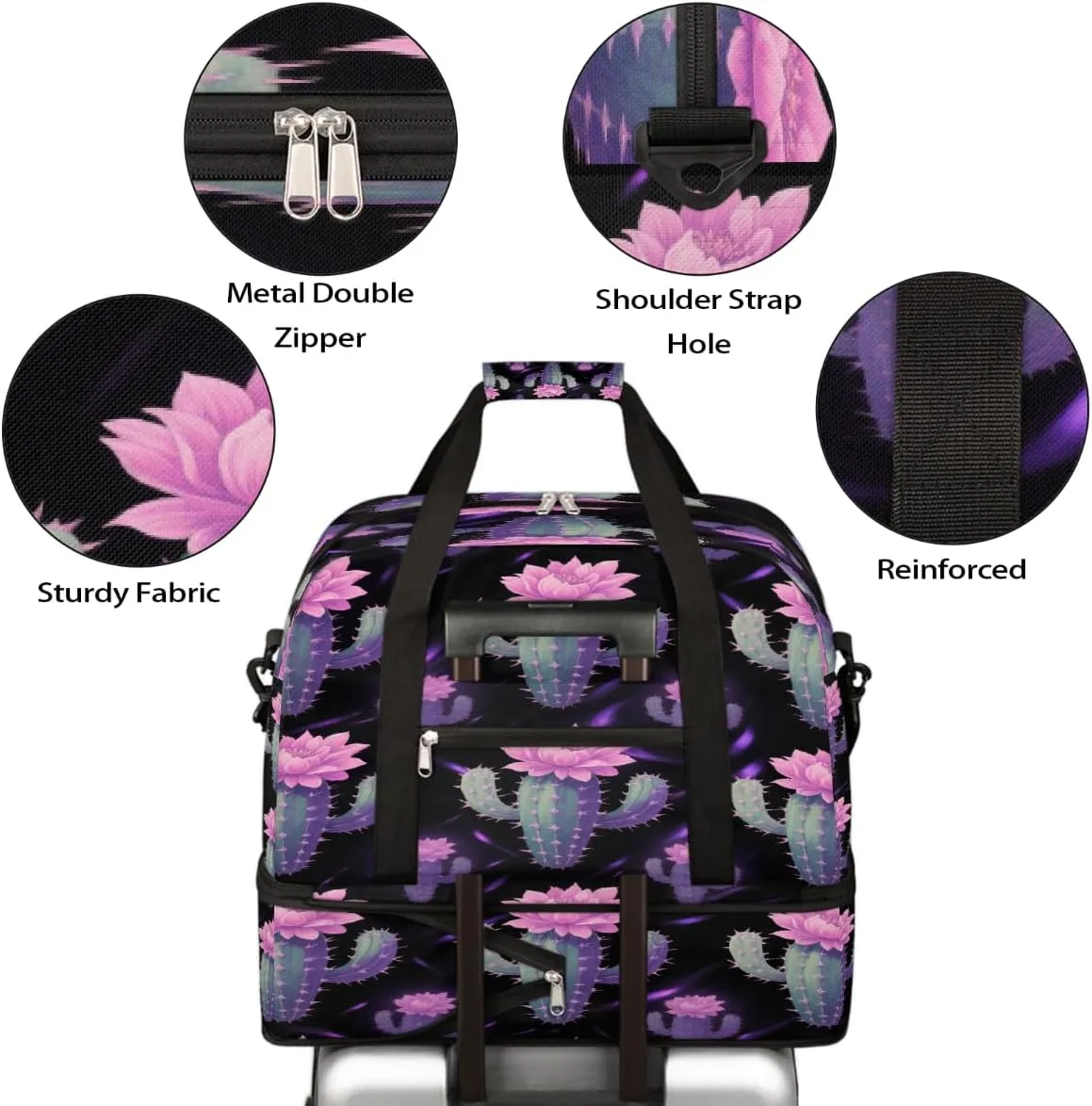 Sports Gym Bag Cactus Flower Tile Large Travel Duffel Bag With Shoe Compartment Foldable Waterproof Carry-On Weekend Travel Bags for Camping Overnight Yoga Hospital Travel Bags