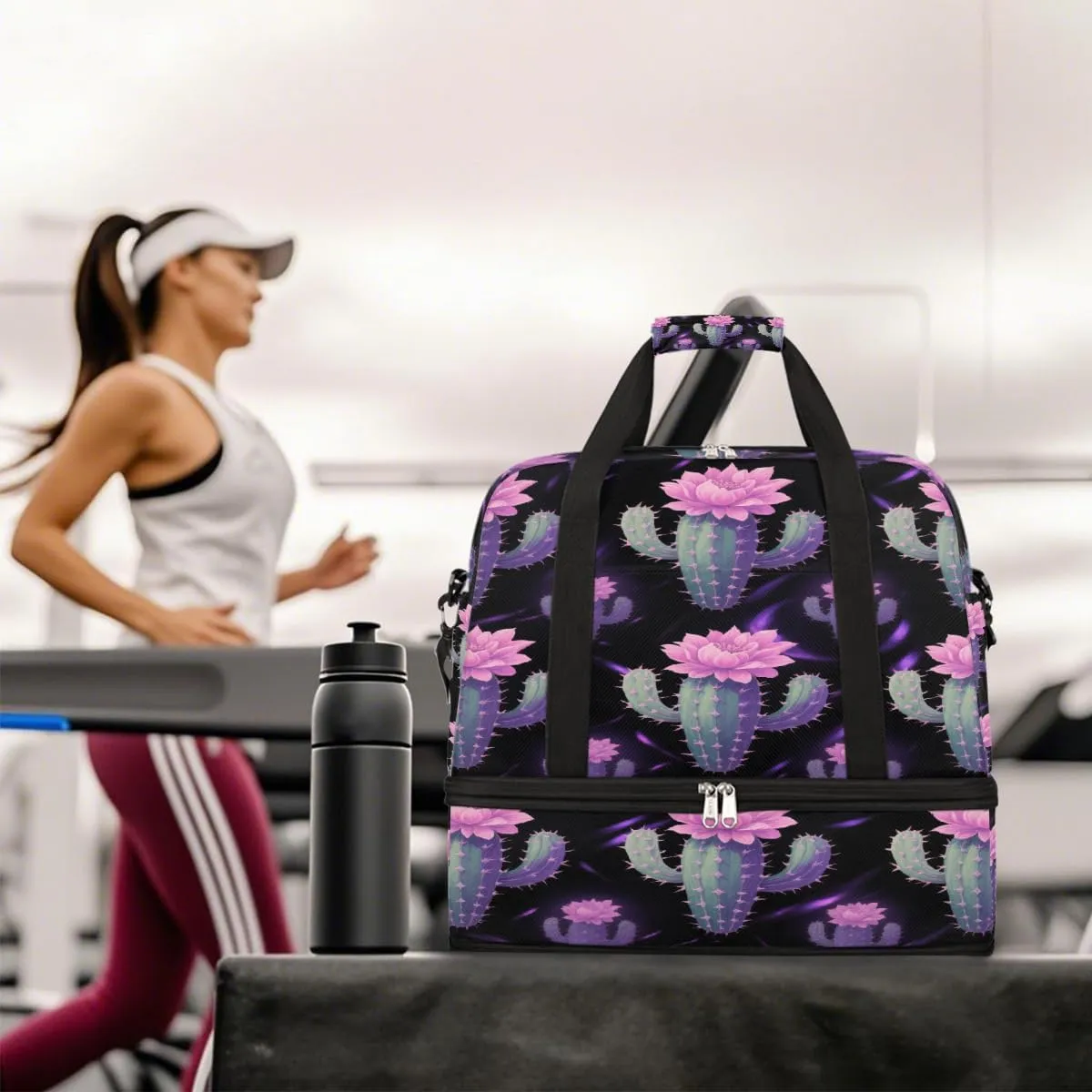 Sports Gym Bag Cactus Flower Tile Large Travel Duffel Bag With Shoe Compartment Foldable Waterproof Carry-On Weekend Travel Bags for Camping Overnight Yoga Hospital Travel Bags