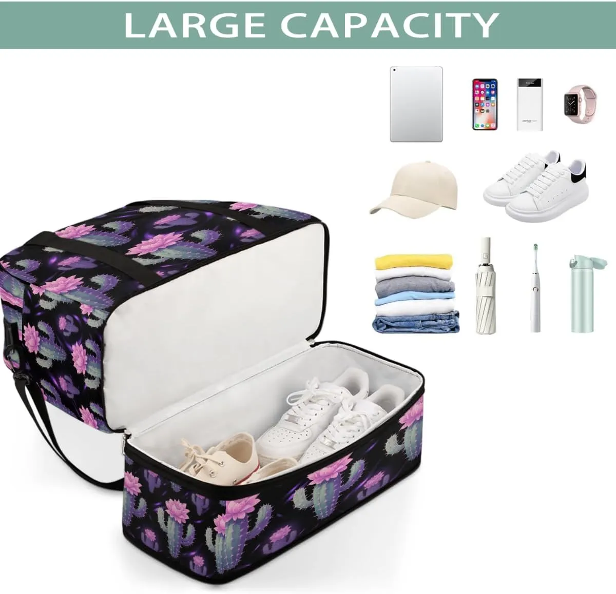 Sports Gym Bag Cactus Flower Tile Large Travel Duffel Bag With Shoe Compartment Foldable Waterproof Carry-On Weekend Travel Bags for Camping Overnight Yoga Hospital Travel Bags