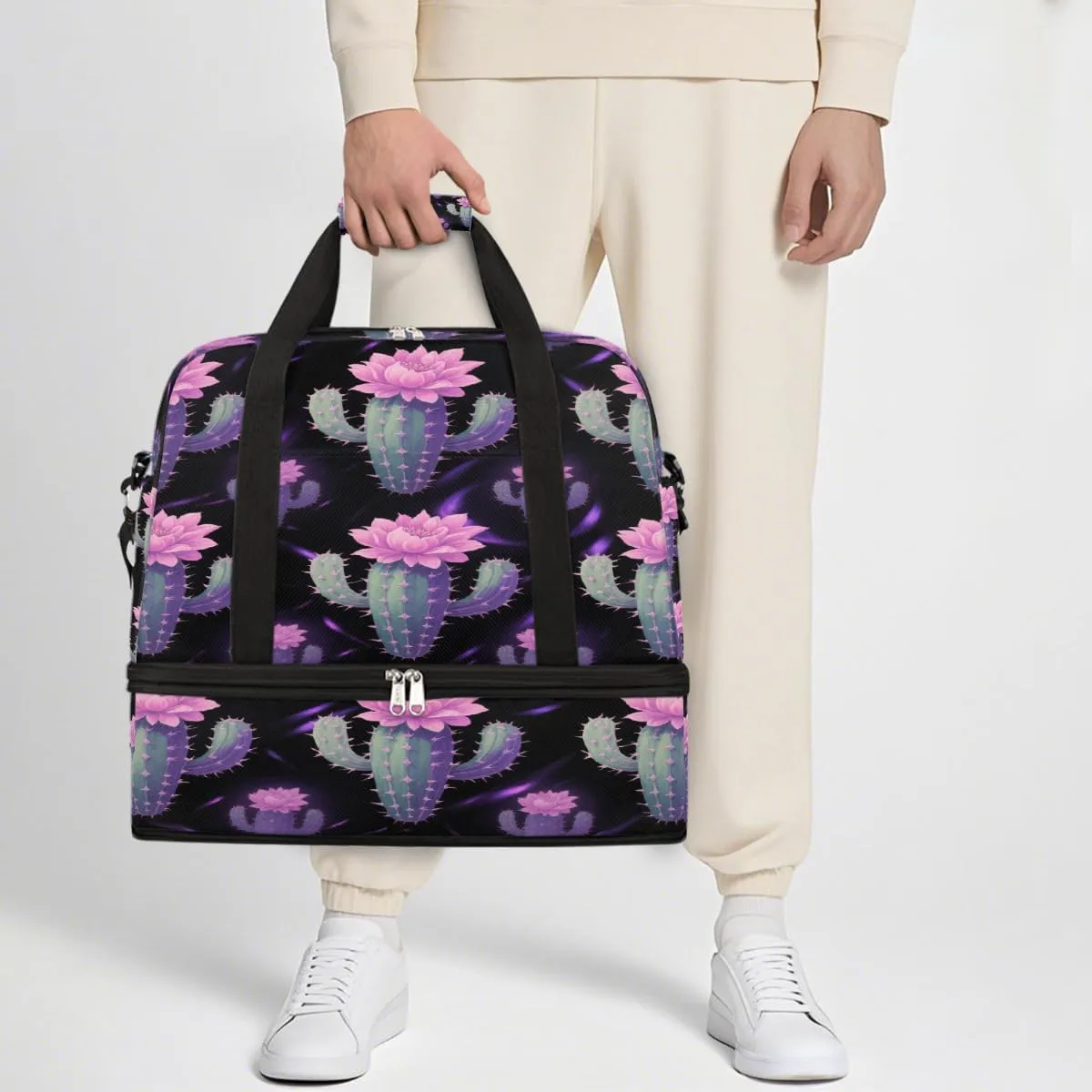 Sports Gym Bag Cactus Flower Tile Large Travel Duffel Bag With Shoe Compartment Foldable Waterproof Carry-On Weekend Travel Bags for Camping Overnight Yoga Hospital Travel Bags