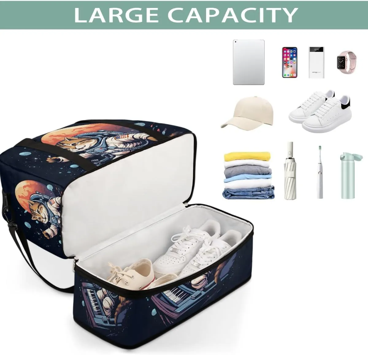 Sports Gym Bag Cat Piano Astronaut Large Travel Duffel Bag With Shoe Compartment Foldable Waterproof Carry-On Weekend Travel Bags for Camping Overnight Yoga Hospital Travel Bags