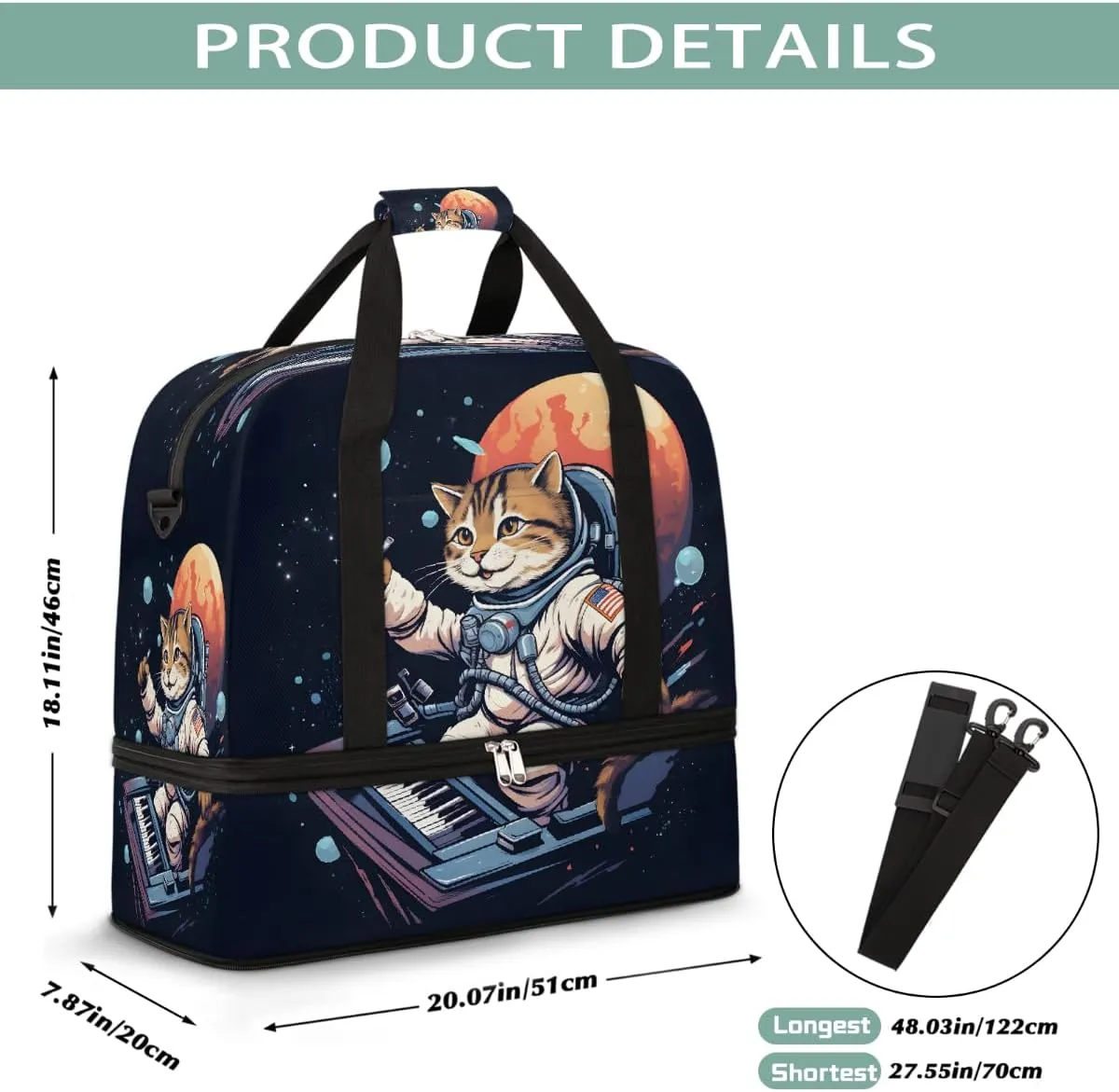Sports Gym Bag Cat Piano Astronaut Large Travel Duffel Bag With Shoe Compartment Foldable Waterproof Carry-On Weekend Travel Bags for Camping Overnight Yoga Hospital Travel Bags
