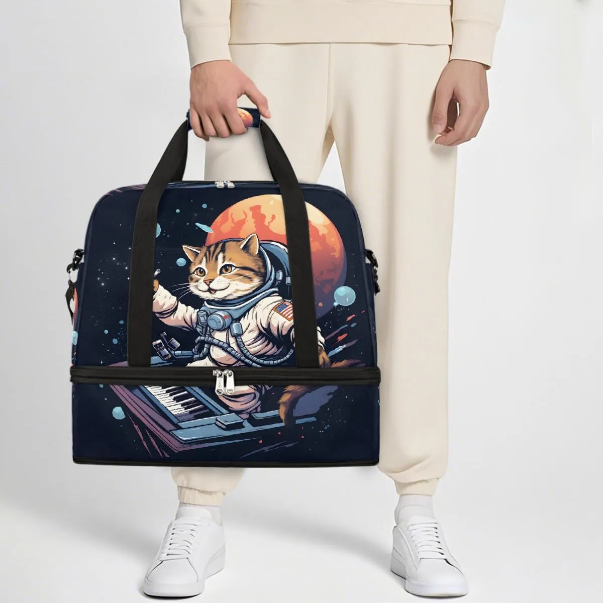 Sports Gym Bag Cat Piano Astronaut Large Travel Duffel Bag With Shoe Compartment Foldable Waterproof Carry-On Weekend Travel Bags for Camping Overnight Yoga Hospital Travel Bags