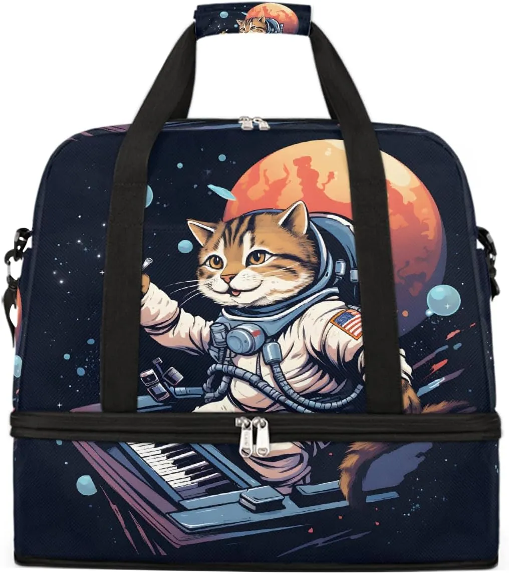 Sports Gym Bag Cat Piano Astronaut Large Travel Duffel Bag With Shoe Compartment Foldable Waterproof Carry-On Weekend Travel Bags for Camping Overnight Yoga Hospital Travel Bags