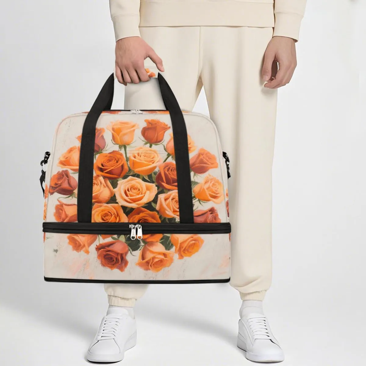 Sports Gym Bag Chalk Drawing Flower Rose Large Travel Duffel Bag With Shoe Compartment Foldable Waterproof Carry-On Weekend Travel Bags for Camping Overnight Yoga Hospital Travel Bags