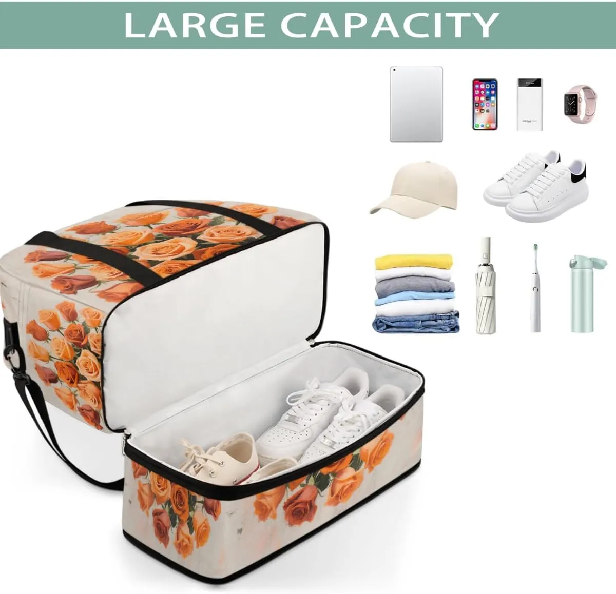Sports Gym Bag Chalk Drawing Flower Rose Large Travel Duffel Bag With Shoe Compartment Foldable Waterproof Carry-On Weekend Travel Bags for Camping Overnight Yoga Hospital Travel Bags