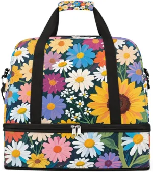 Sports Gym Bag Chalk Drawing Flower Sunflower Large Travel Duffel Bag With Shoe Compartment Foldable Waterproof Carry-On Weekend Travel Bags for Camping Overnight Yoga Hospital Travel Bags