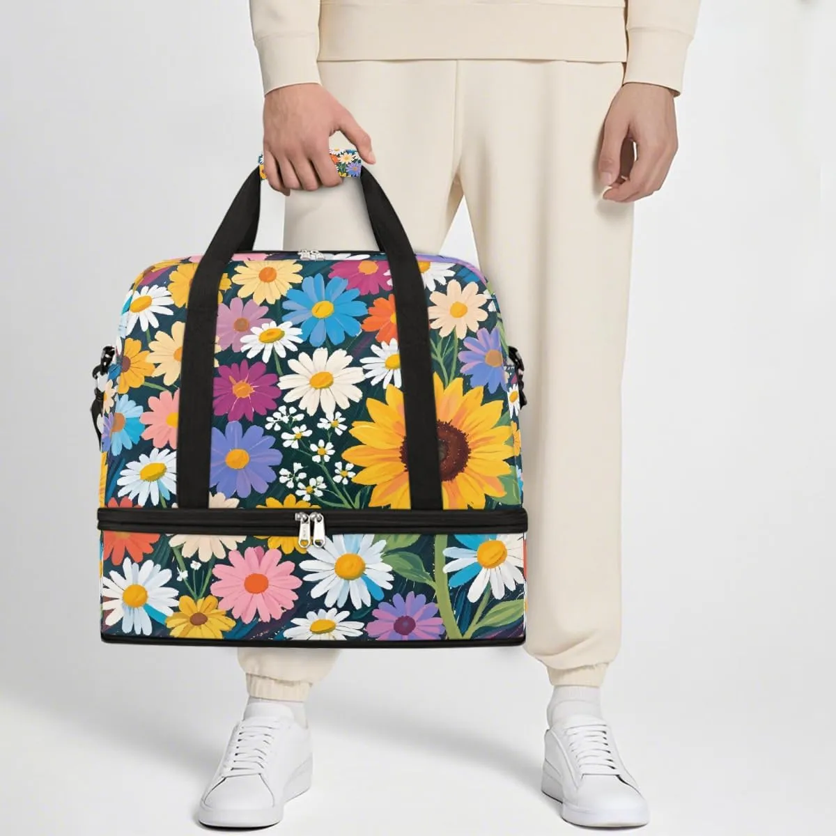 Sports Gym Bag Chalk Drawing Flower Sunflower Large Travel Duffel Bag With Shoe Compartment Foldable Waterproof Carry-On Weekend Travel Bags for Camping Overnight Yoga Hospital Travel Bags