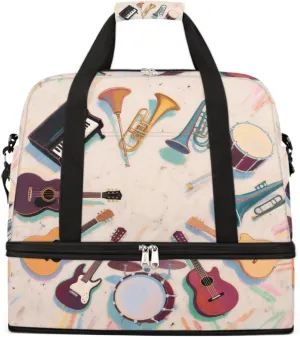 Sports Gym Bag Chalk Drawing Guitar Musical Instrument Large Travel Duffel Bag With Shoe Compartment Foldable Waterproof Carry-On Weekend Travel Bags for Camping Overnight Yoga Hospital Travel Bags
