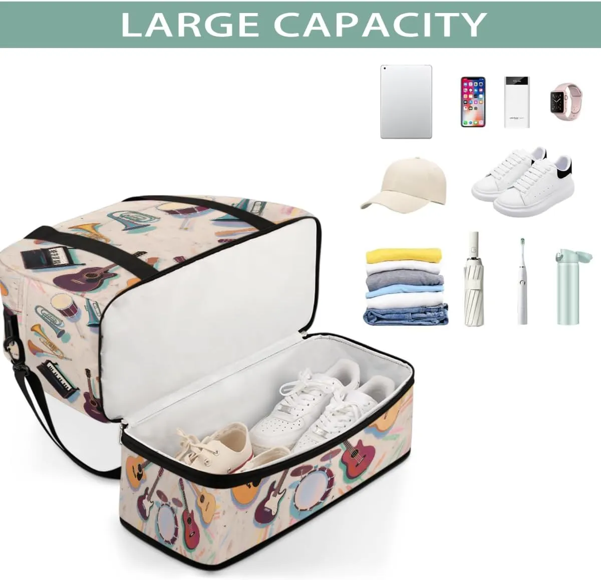 Sports Gym Bag Chalk Drawing Guitar Musical Instrument Large Travel Duffel Bag With Shoe Compartment Foldable Waterproof Carry-On Weekend Travel Bags for Camping Overnight Yoga Hospital Travel Bags