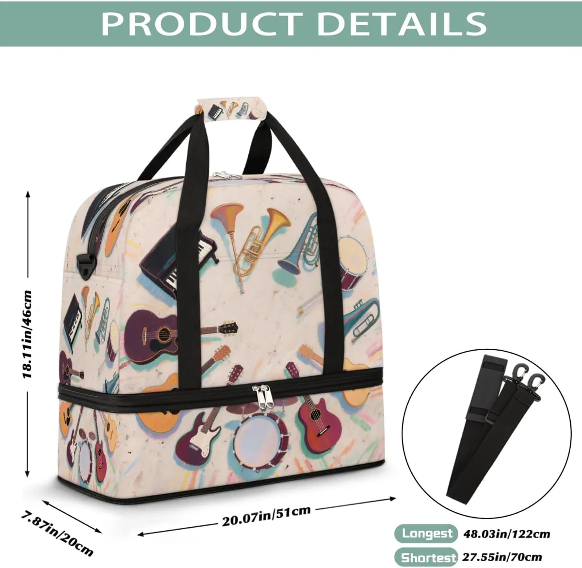 Sports Gym Bag Chalk Drawing Guitar Musical Instrument Large Travel Duffel Bag With Shoe Compartment Foldable Waterproof Carry-On Weekend Travel Bags for Camping Overnight Yoga Hospital Travel Bags