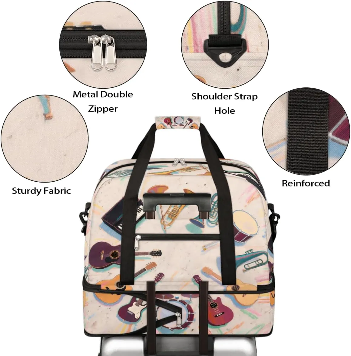 Sports Gym Bag Chalk Drawing Guitar Musical Instrument Large Travel Duffel Bag With Shoe Compartment Foldable Waterproof Carry-On Weekend Travel Bags for Camping Overnight Yoga Hospital Travel Bags