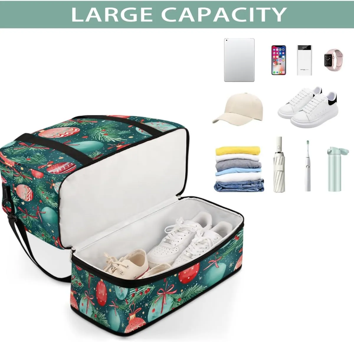 Sports Gym Bag Christmas Balloons Leaves Large Travel Duffel Bag With Shoe Compartment Foldable Waterproof Carry-On Weekend Travel Bags for Camping Overnight Yoga Hospital Travel Bags