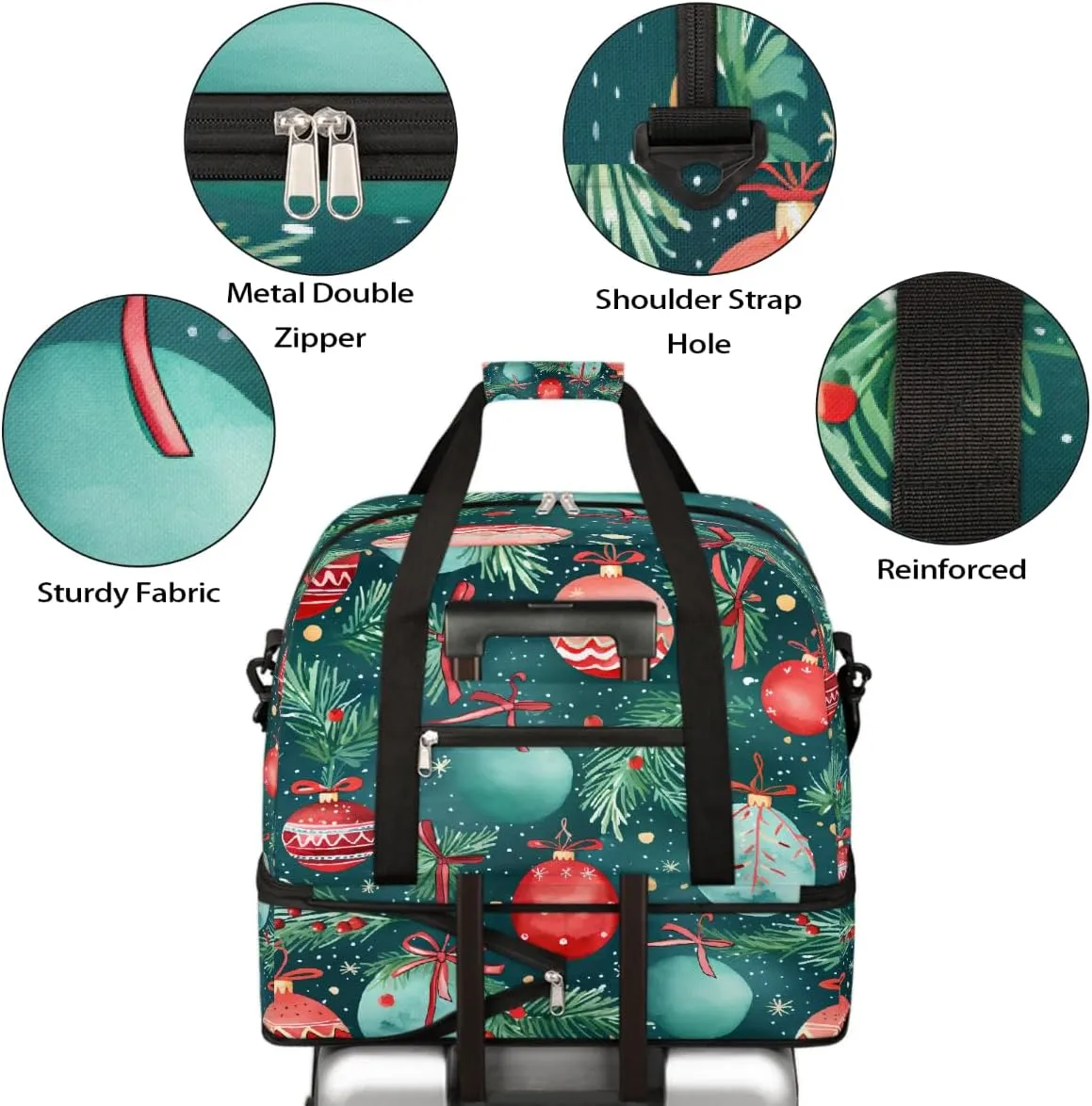 Sports Gym Bag Christmas Balloons Leaves Large Travel Duffel Bag With Shoe Compartment Foldable Waterproof Carry-On Weekend Travel Bags for Camping Overnight Yoga Hospital Travel Bags