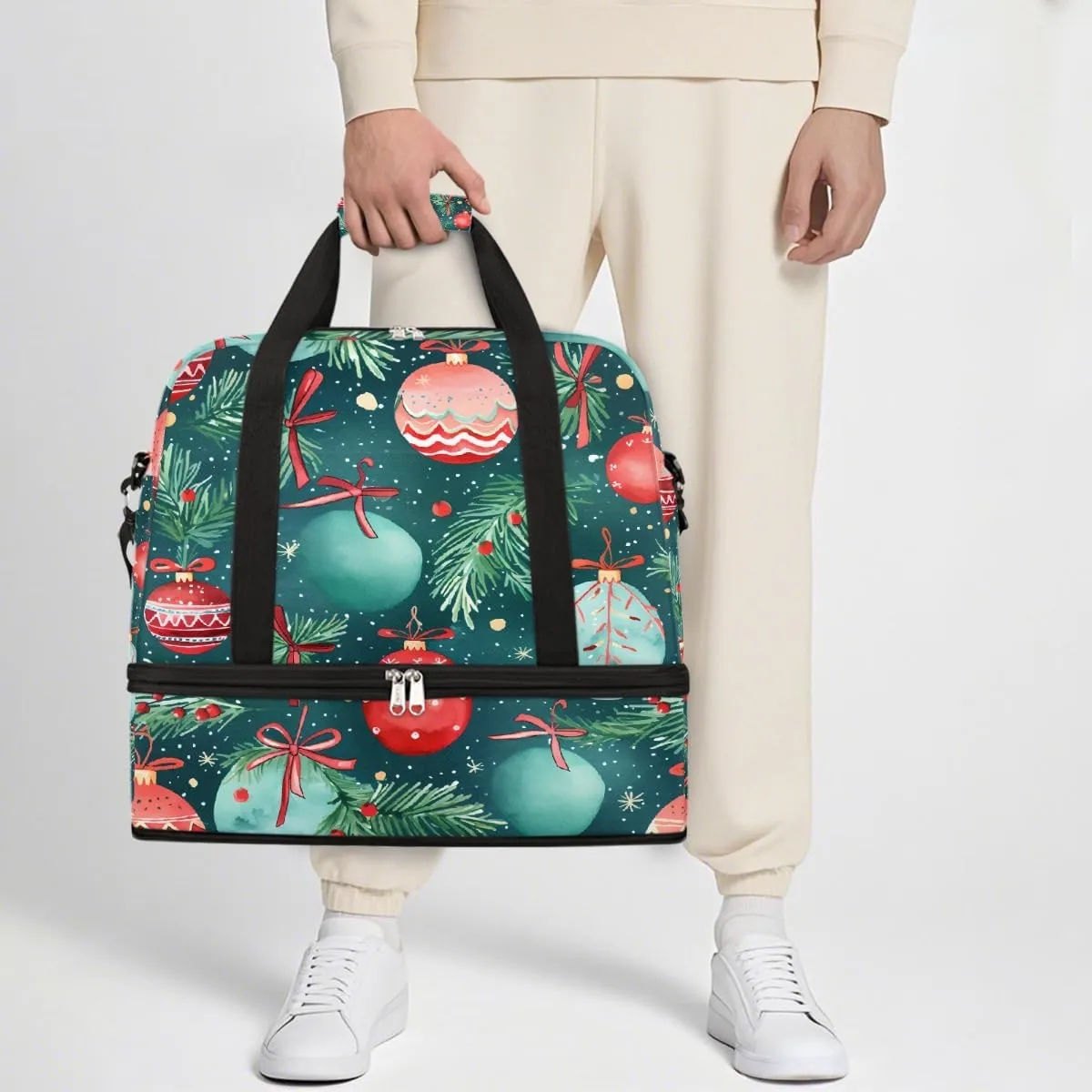 Sports Gym Bag Christmas Balloons Leaves Large Travel Duffel Bag With Shoe Compartment Foldable Waterproof Carry-On Weekend Travel Bags for Camping Overnight Yoga Hospital Travel Bags
