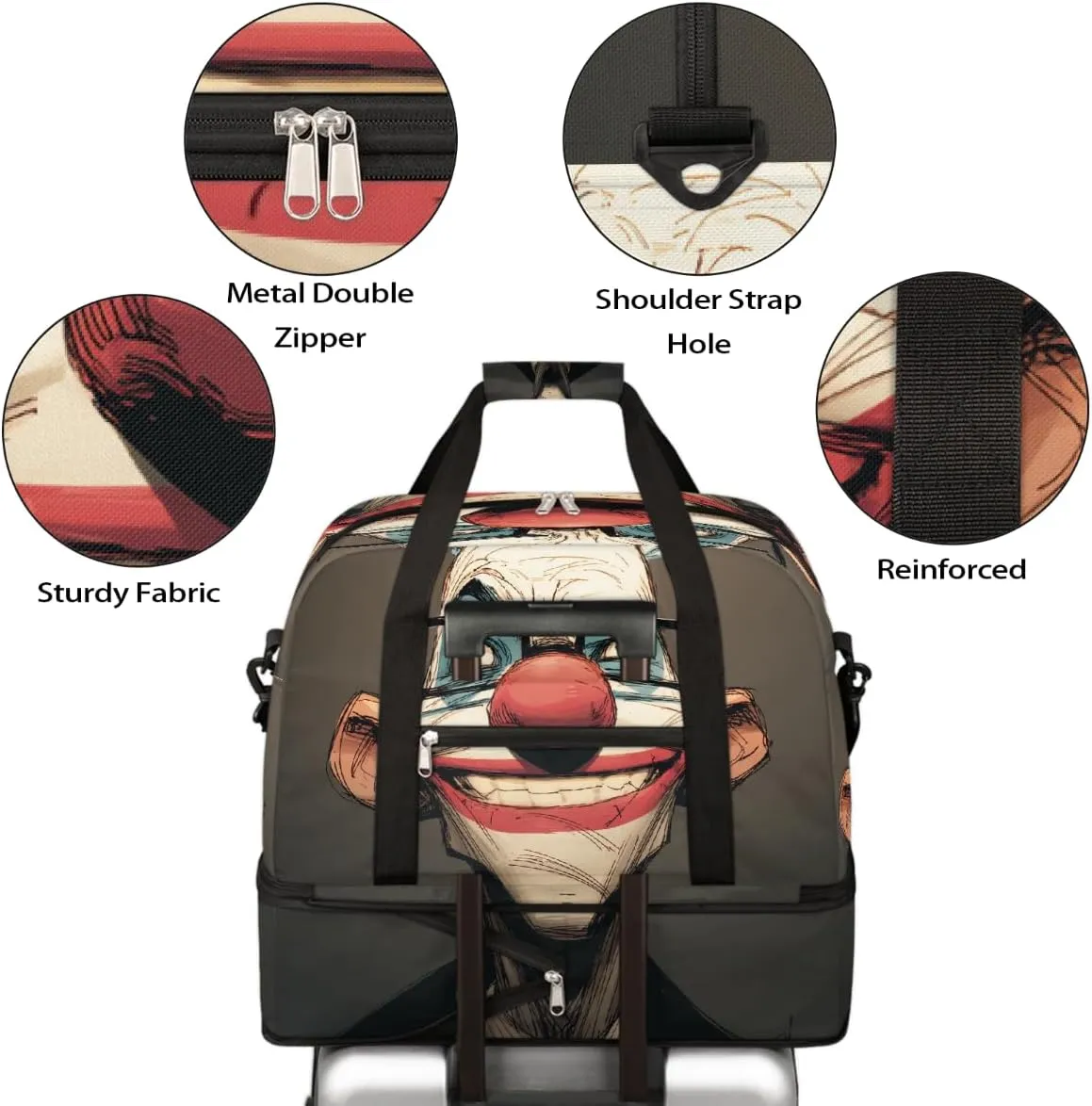Sports Gym Bag Clown Glasses Creative Large Travel Duffel Bag With Shoe Compartment Foldable Waterproof Carry-On Weekend Travel Bags for Camping Overnight Yoga Hospital Travel Bags