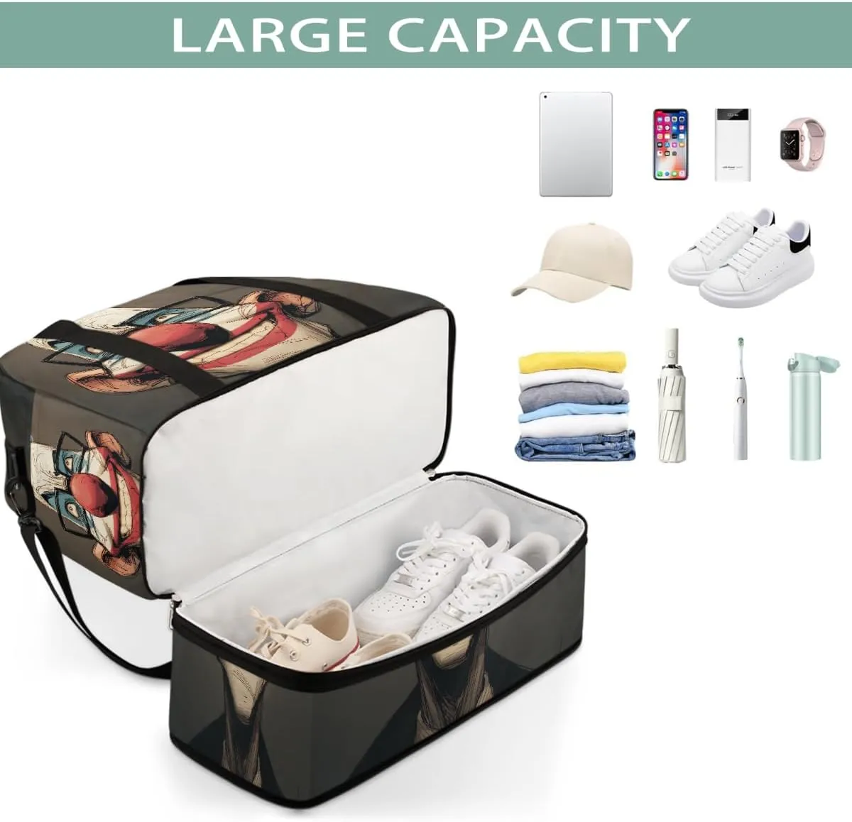Sports Gym Bag Clown Glasses Creative Large Travel Duffel Bag With Shoe Compartment Foldable Waterproof Carry-On Weekend Travel Bags for Camping Overnight Yoga Hospital Travel Bags