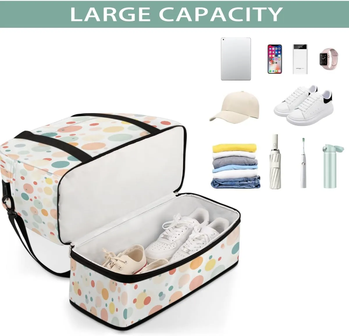Sports Gym Bag Colorful Dots Large Travel Duffel Bag With Shoe Compartment Foldable Waterproof Carry-On Weekend Travel Bags for Camping Overnight Yoga Hospital Travel Bags
