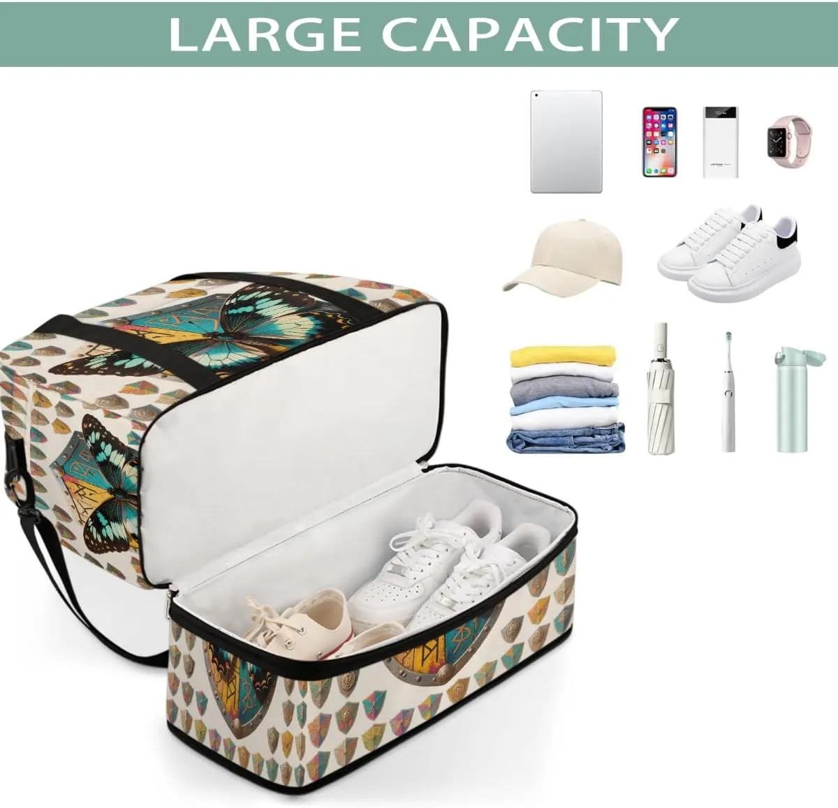 Sports Gym Bag Creative Butterfly Tiling Large Travel Duffel Bag With Shoe Compartment Foldable Waterproof Carry-On Weekend Travel Bags for Camping Overnight Yoga Hospital Travel Bags