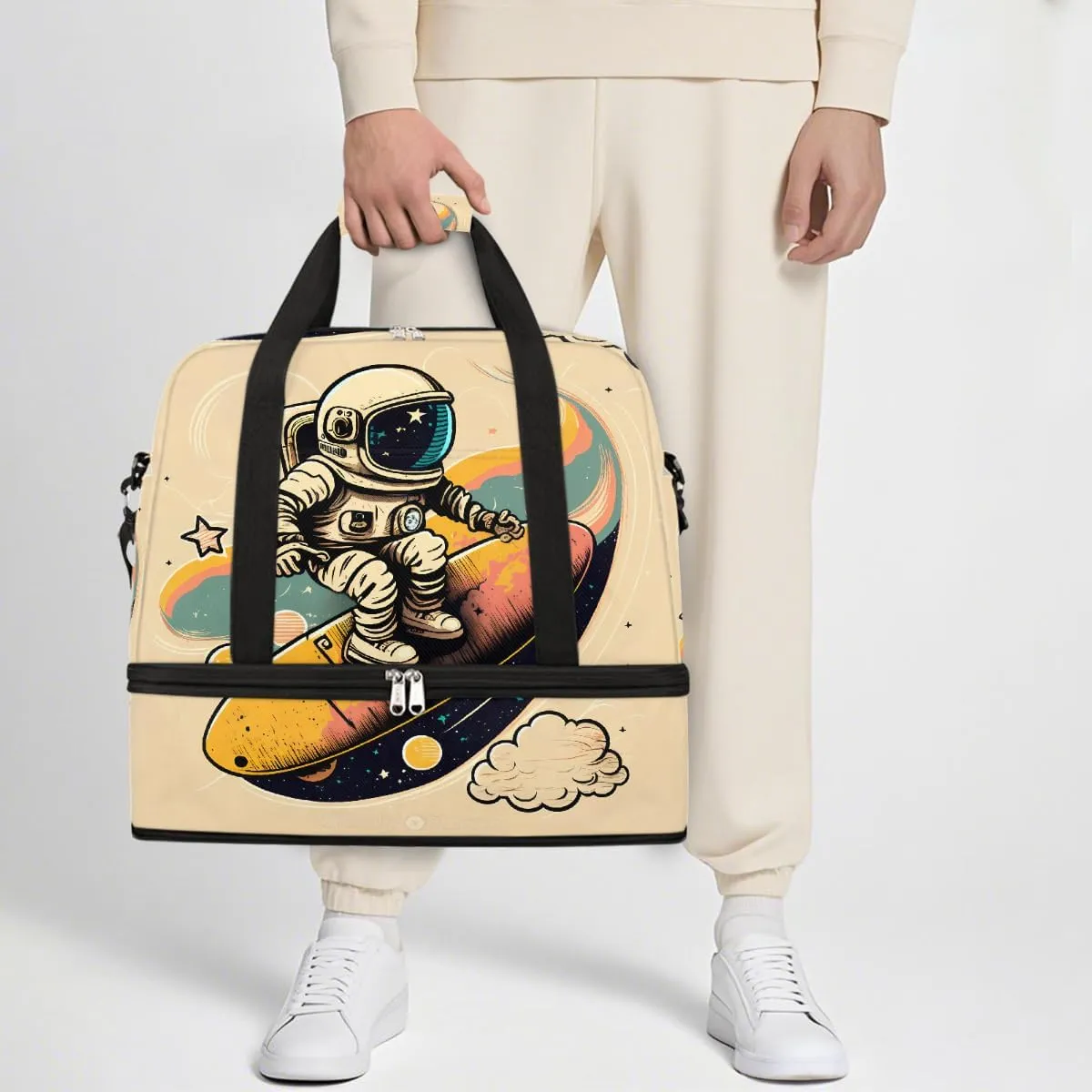 Sports Gym Bag Cute Astronaut Large Travel Duffel Bag With Shoe Compartment Foldable Waterproof Carry-On Weekend Travel Bags for Camping Overnight Yoga Hospital Travel Bags
