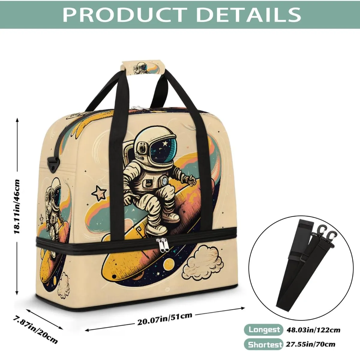 Sports Gym Bag Cute Astronaut Large Travel Duffel Bag With Shoe Compartment Foldable Waterproof Carry-On Weekend Travel Bags for Camping Overnight Yoga Hospital Travel Bags