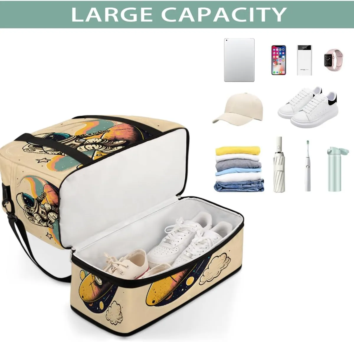 Sports Gym Bag Cute Astronaut Large Travel Duffel Bag With Shoe Compartment Foldable Waterproof Carry-On Weekend Travel Bags for Camping Overnight Yoga Hospital Travel Bags