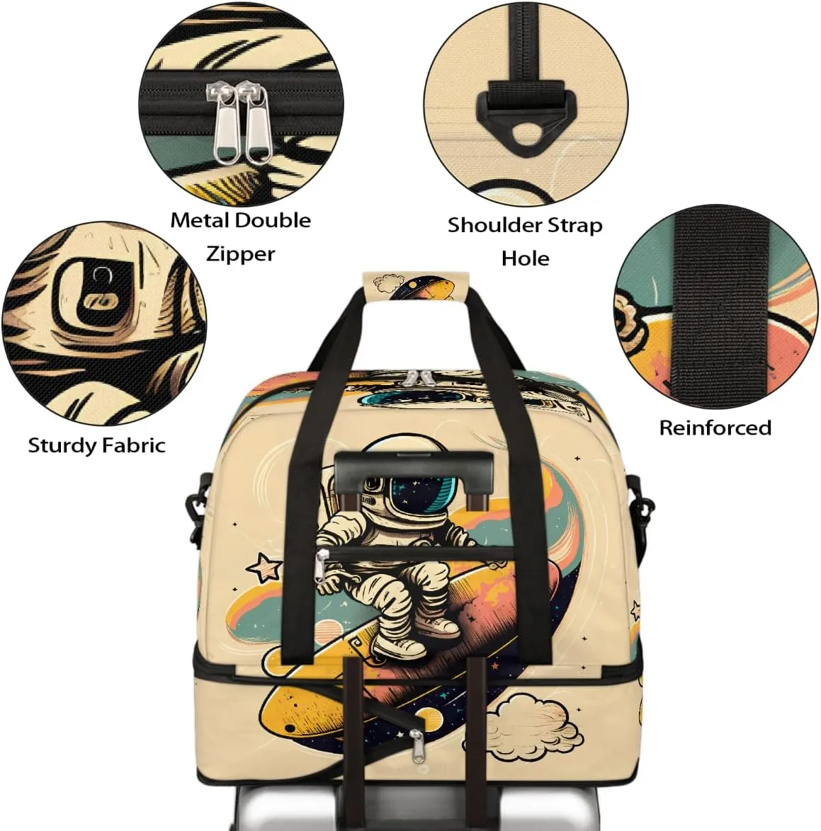 Sports Gym Bag Cute Astronaut Large Travel Duffel Bag With Shoe Compartment Foldable Waterproof Carry-On Weekend Travel Bags for Camping Overnight Yoga Hospital Travel Bags