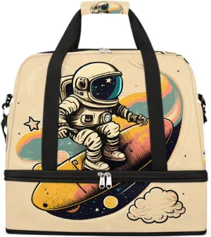 Sports Gym Bag Cute Astronaut Large Travel Duffel Bag With Shoe Compartment Foldable Waterproof Carry-On Weekend Travel Bags for Camping Overnight Yoga Hospital Travel Bags