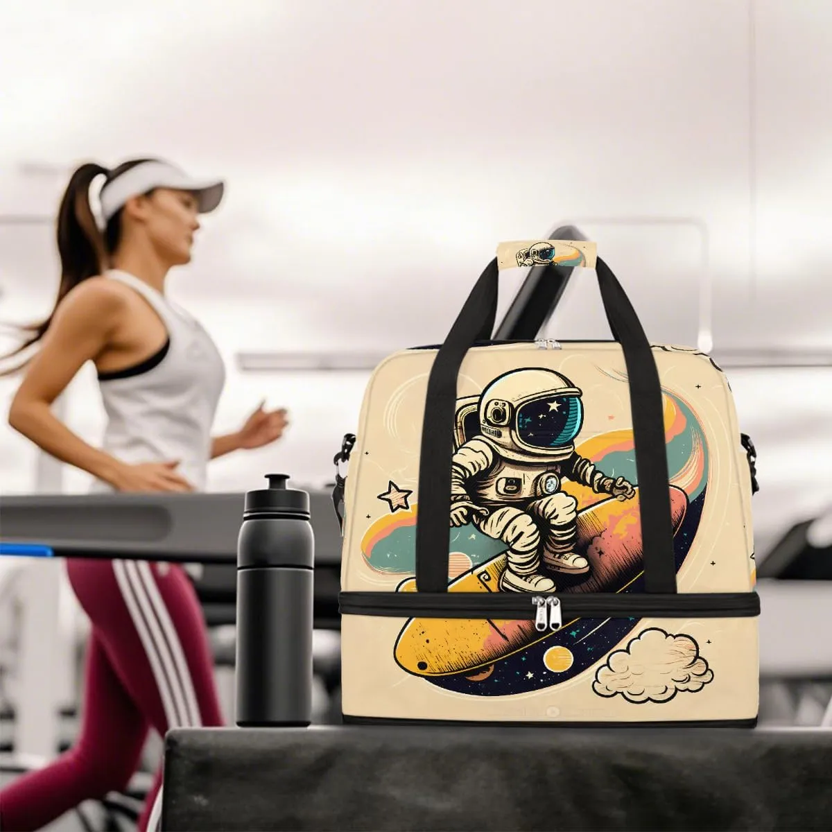 Sports Gym Bag Cute Astronaut Large Travel Duffel Bag With Shoe Compartment Foldable Waterproof Carry-On Weekend Travel Bags for Camping Overnight Yoga Hospital Travel Bags