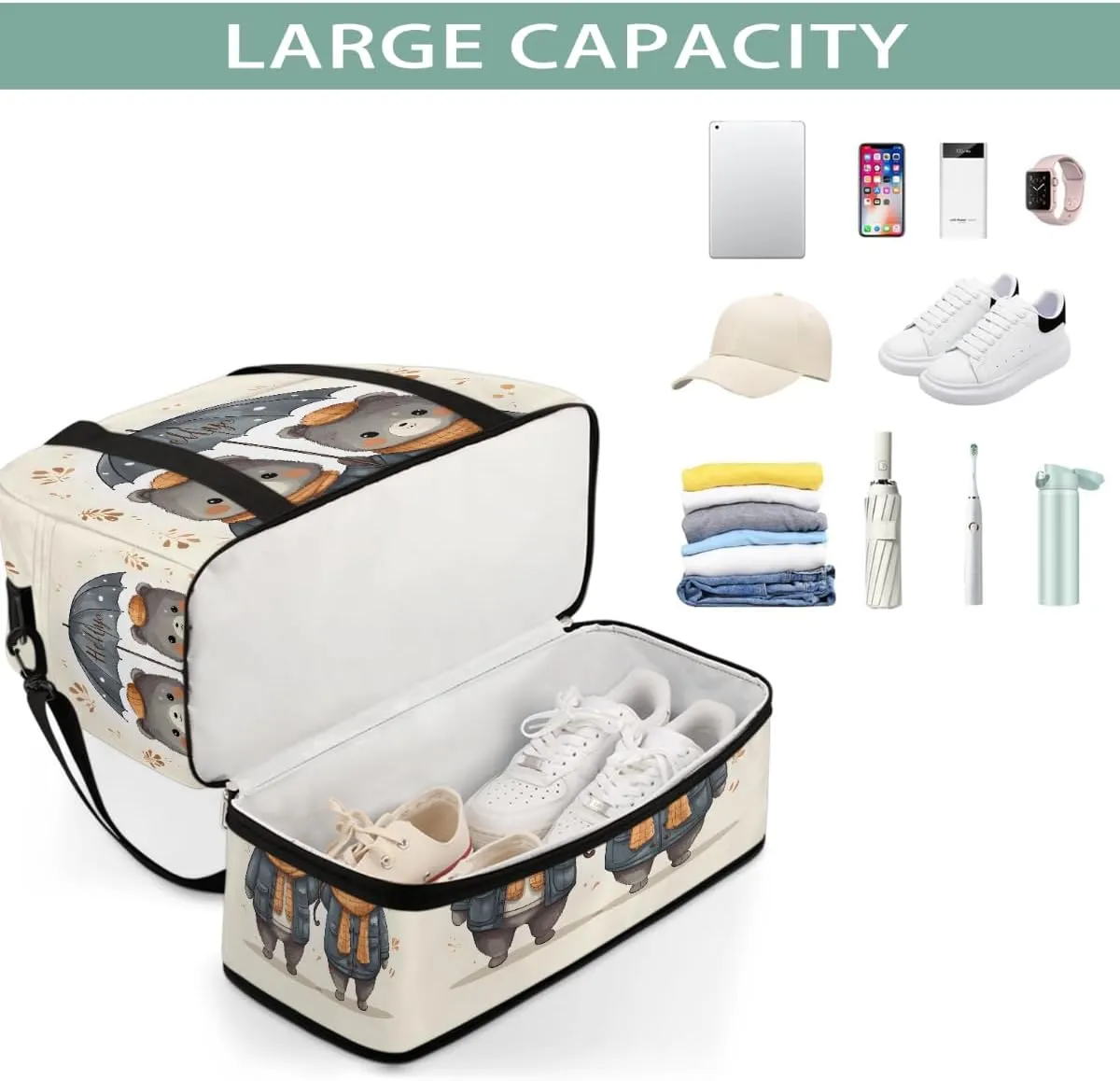Sports Gym Bag Cute Little Gray Raccoon Large Travel Duffel Bag With Shoe Compartment Foldable Waterproof Carry-On Weekend Travel Bags for Camping Overnight Yoga Hospital Travel Bags