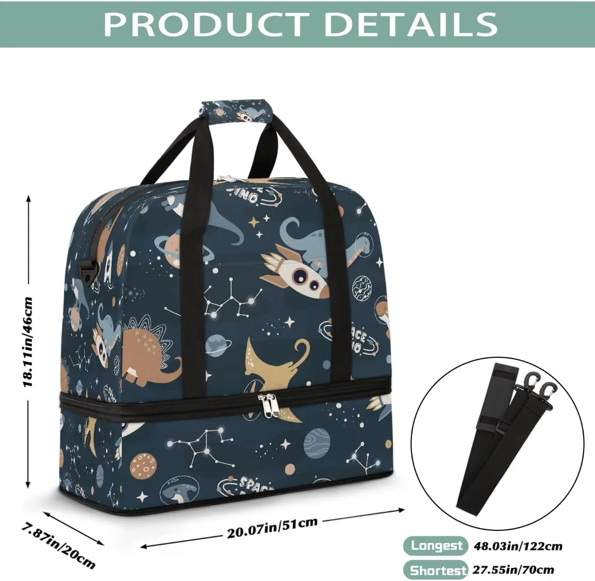 Sports Gym Bag Dinosaur Astronaut Blue Large Travel Duffel Bag With Shoe Compartment Foldable Waterproof Carry-On Weekend Travel Bags for Camping Overnight Yoga Hospital Travel Bags